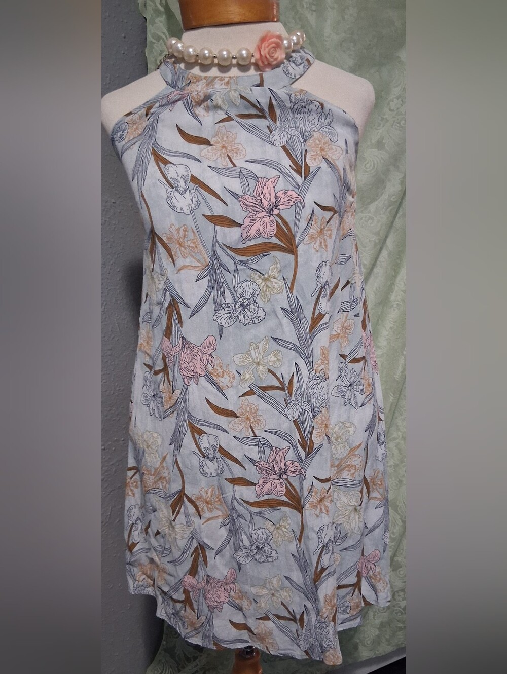 bp Floral Halter Mini Dress in Light Blue, Pink & Brown